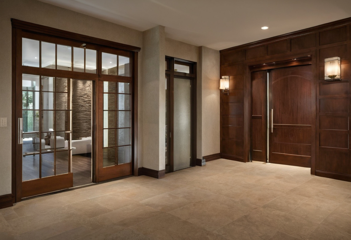 Luxury villa foyer with wide pivot-door circulation path and warm wood wall panels