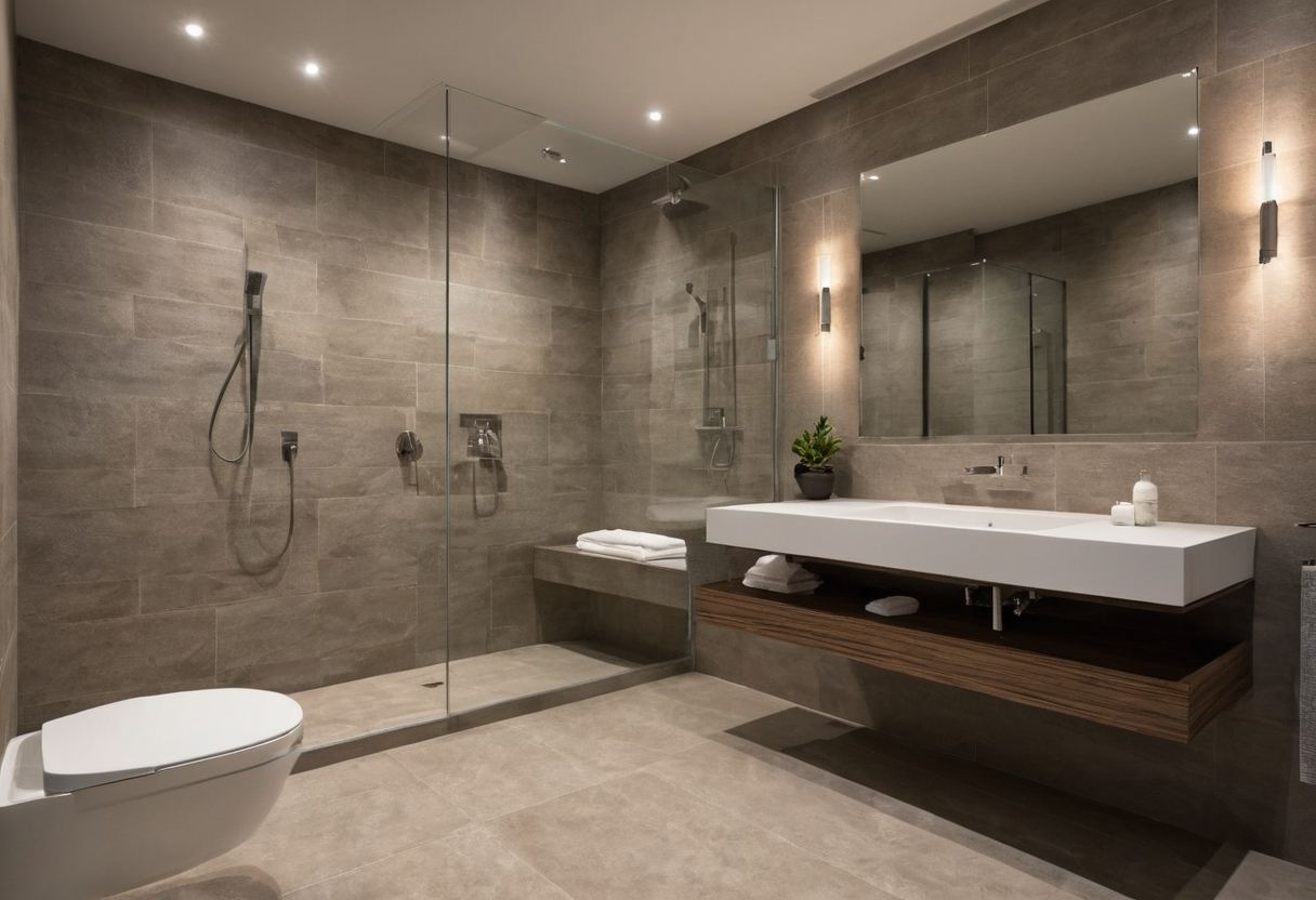 Luxury interior image showing What drain slope should a luxury wet room use for seamless drainage