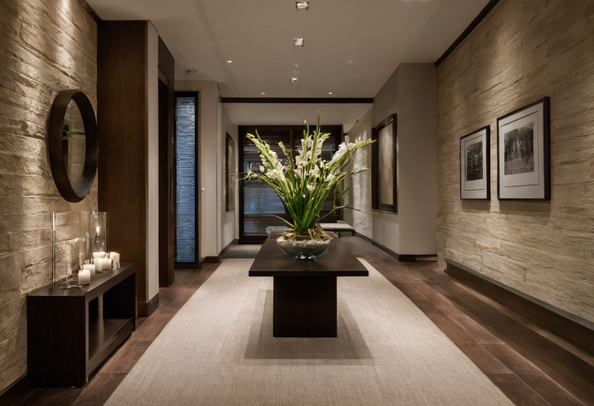 Luxury villa foyer console table with clear walking path, stone wall finish, and soft accent lighting