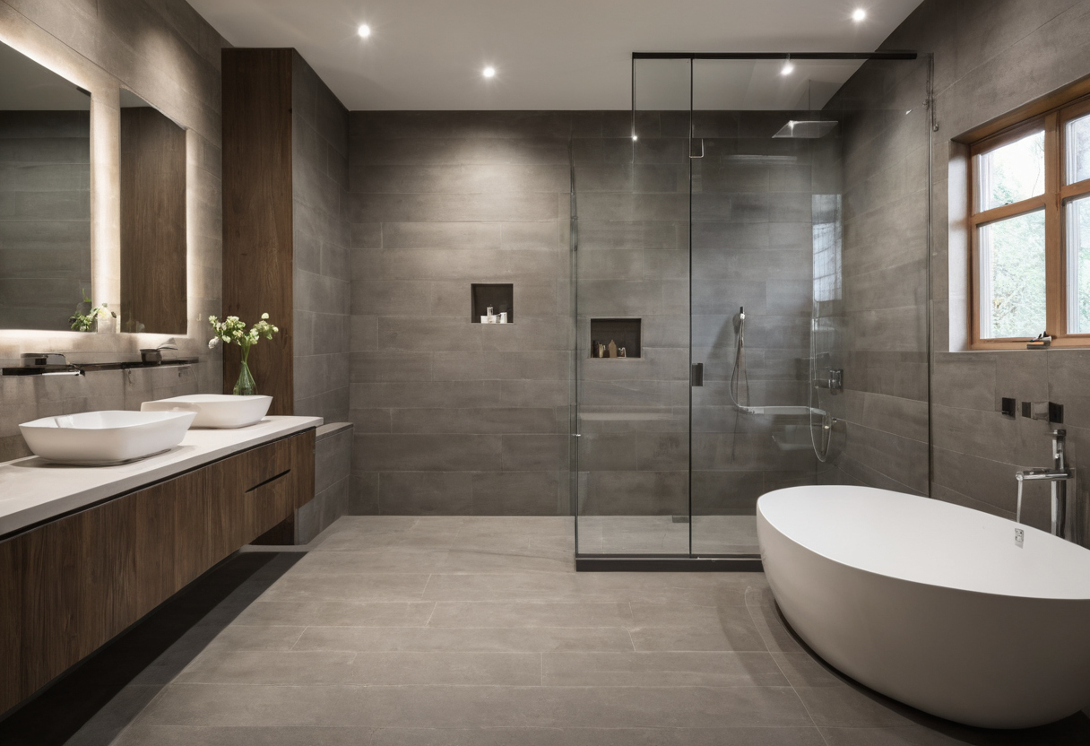 Waterproofing, thresholds, and underfloor heating must be designed as one wet-room assembly shown in a luxury residential interior