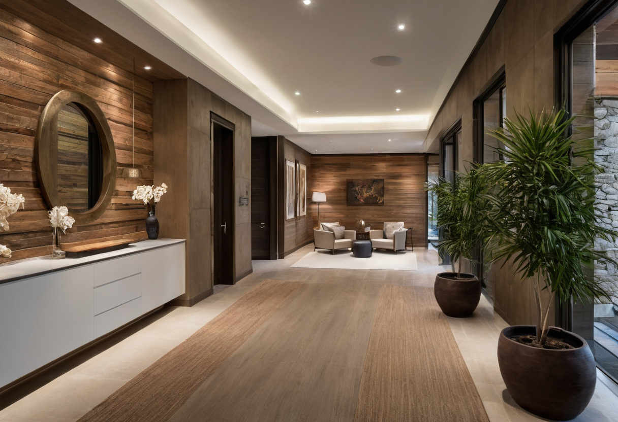 Luxury villa entry hall connecting foyer circulation to adjacent seating and glass garden doors