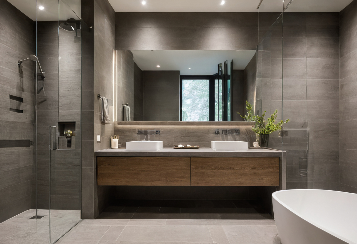 Luxury interior image showing Bench clearances, controls, and glass screens should be dimensioned before the wet room is framed