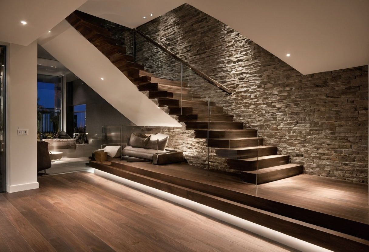 Stair lighting should reveal every tread without glare or theatrical blind spots shown in a luxury residential interior