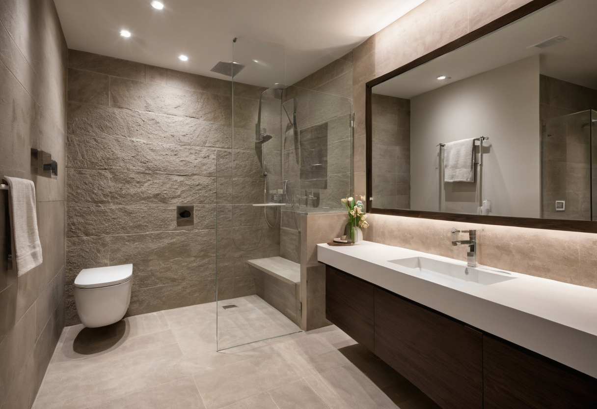 Luxury interior image showing The wet-room specification should include a preconstruction checklist for drainage, waterproofing, stone, and clearances