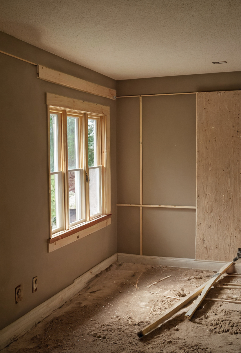 Room corner mid-renovation with a trimmed window beside exposed wall framing and a plywood sheathing panel