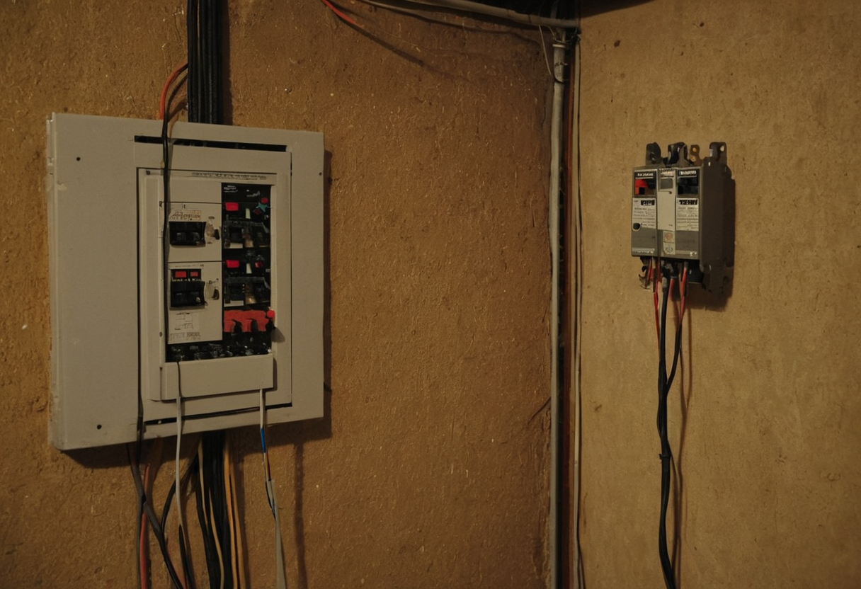 Electrical breaker panel with exposed conduit on an unfinished plywood wall, next to a secondary disconnect box