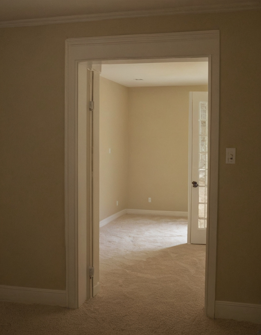 Open doorway looking into a small empty room with beige walls and a glazed white door