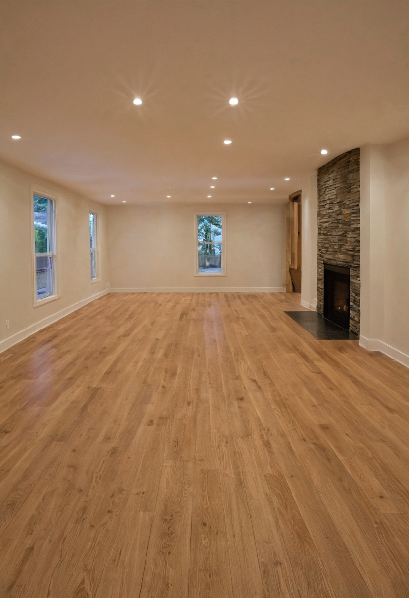 Empty living room with light hardwood flooring and a stone-clad fireplace that must stay climate-controlled