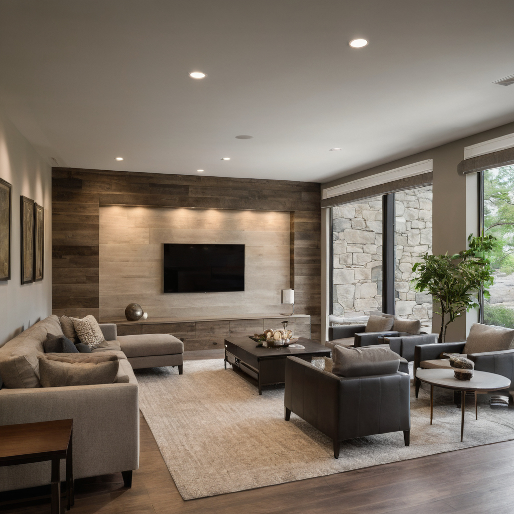 Furnished living room with grey sofas, a wall-mounted television on a wood-paneled feature wall, and full-height windows