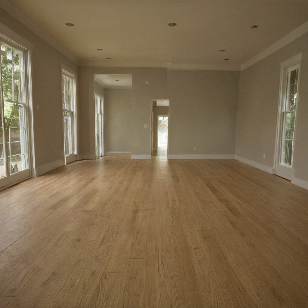 Empty room with light hardwood flooring, beige walls, and glazed doors and windows on both sides