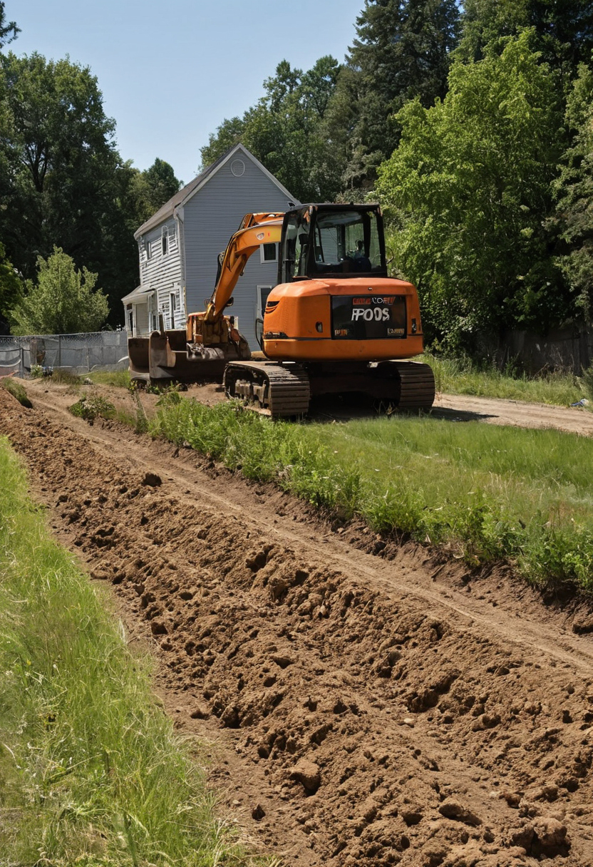 Orange tracked excavator parked on grass beside a freshly dug trench outside a white house