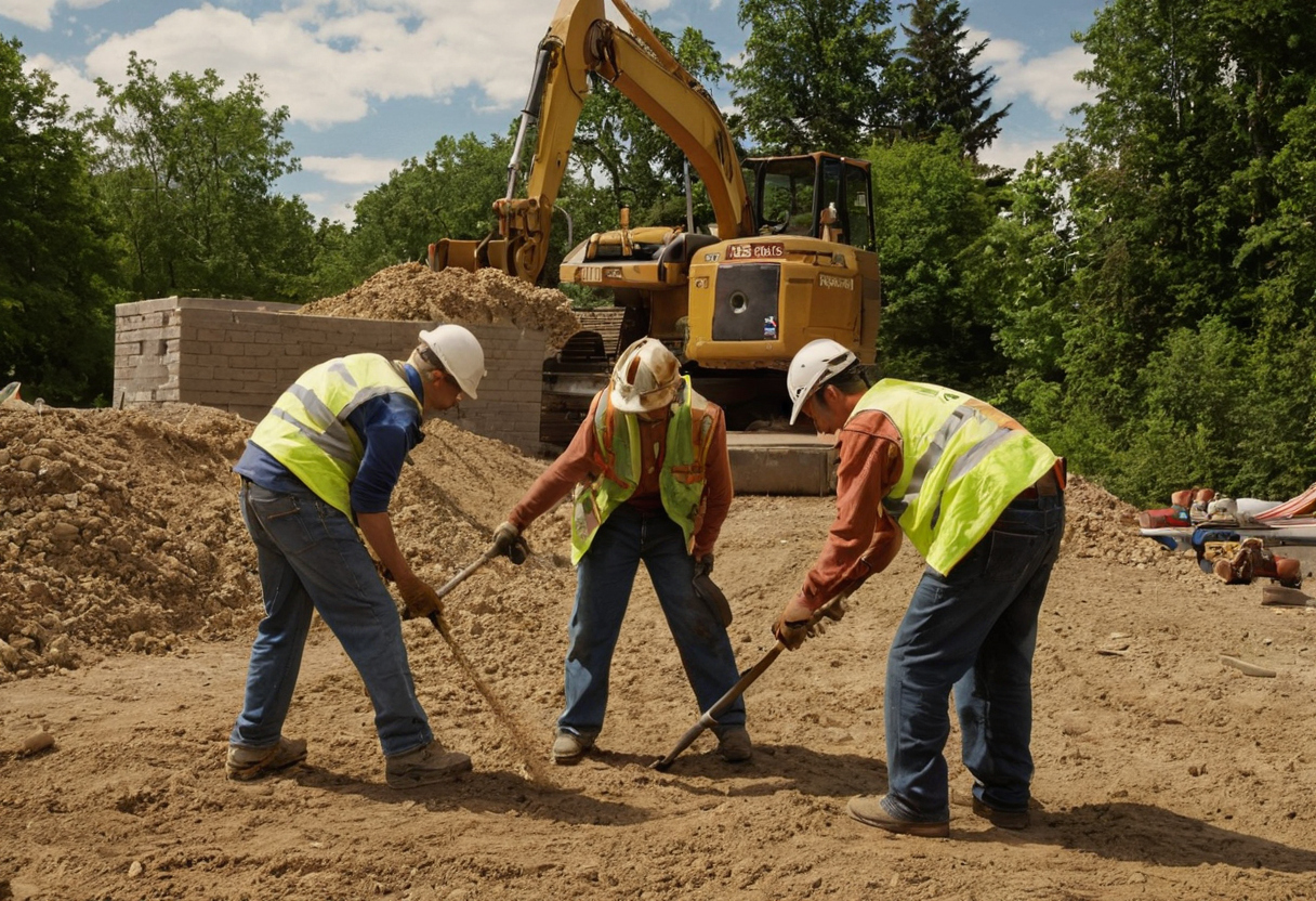 Three workers in high-visibility vests and hard hats levelling soil with rakes in front of an excavator and a low block wall
